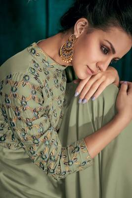 Light-parrot-green embroidered silk salwar 2