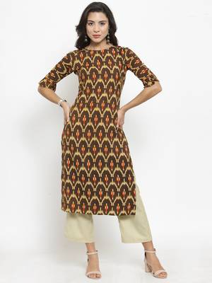 Indibelle Brown Rayon Printed Straight Kurta With Ankle Length Trouser 1