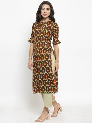 Indibelle Brown Rayon Printed Straight Kurta With Ankle Length Trouser 4