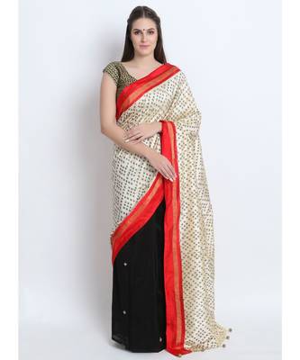 Cream Hand Woven Silk Ikkat & Black Hand Embroidered Silk Chanderi Saree(Half & Half) 1