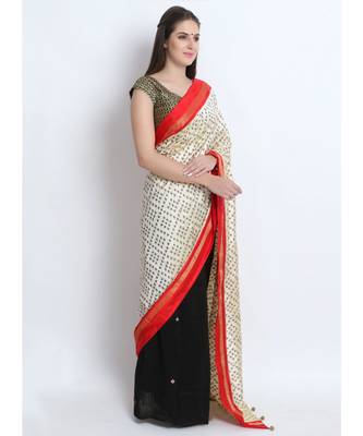 Cream Hand Woven Silk Ikkat & Black Hand Embroidered Silk Chanderi Saree(Half & Half) 3