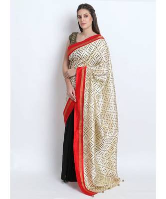 Cream Hand Woven Silk Ikkat & Black Hand Embroidered Silk Chanderi Saree(Half & Half) 4