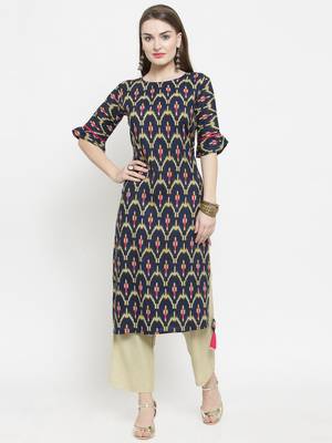 Indibelle Dark Blue Rayon Printed Straight Kurta With Ankle Length Trouser 1