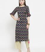 Indibelle Dark Blue Rayon Printed Straight Kurta With Ankle Length Trouser