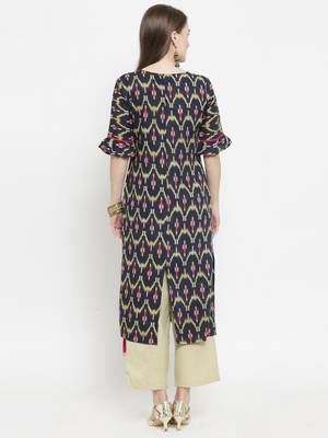 Indibelle Dark Blue Rayon Printed Straight Kurta With Ankle Length Trouser 3