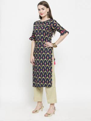 Indibelle Dark Blue Rayon Printed Straight Kurta With Ankle Length Trouser 4