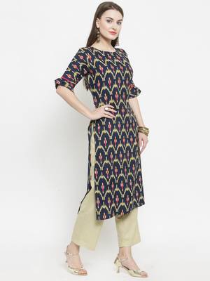 Indibelle Dark Blue Rayon Printed Straight Kurta With Ankle Length Trouser 5