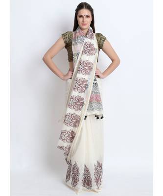 Off White Hand Block Printed Silk Chanderi Saree With Traditional Mughal Butah & Black Tessels On Pallu 1