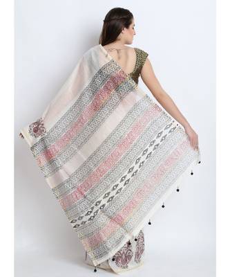 Off White Hand Block Printed Silk Chanderi Saree With Traditional Mughal Butah & Black Tessels On Pallu 2