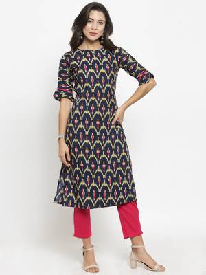 Indibelle Dark Blue Rayon Printed Straight Kurta With Ankle Length Trouser 1