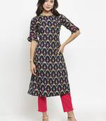 Indibelle Dark Blue Rayon Printed Straight Kurta With Ankle Length Trouser