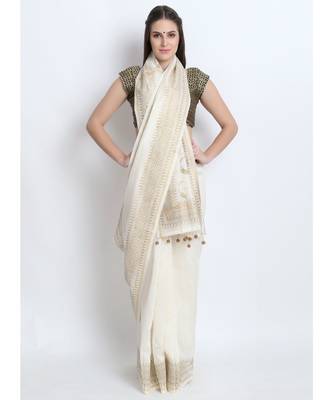 Off White Hand Block Printed Silk Chanderi Saree With Traditional Nath Design & Golden Tessels On Pallu 1