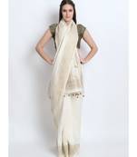 Off White Hand Block Printed Silk Chanderi Saree With Traditional Nath Design & Golden Tessels On Pallu