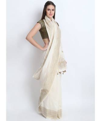 Off White Hand Block Printed Silk Chanderi Saree With Traditional Nath Design & Golden Tessels On Pallu 3
