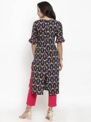 Indibelle Dark Blue Rayon Printed Straight Kurta With Ankle Length Trouser 3