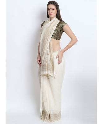 Off White Hand Block Printed Silk Chanderi Saree With Traditional Nath Design & Golden Tessels On Pallu 4