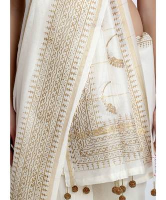 Off White Hand Block Printed Silk Chanderi Saree With Traditional Nath Design & Golden Tessels On Pallu 5