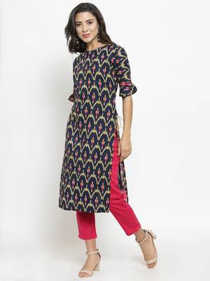 Indibelle Dark Blue Rayon Printed Straight Kurta With Ankle Length Trouser 4