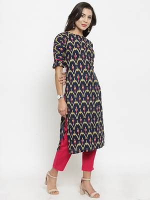 Indibelle Dark Blue Rayon Printed Straight Kurta With Ankle Length Trouser 5