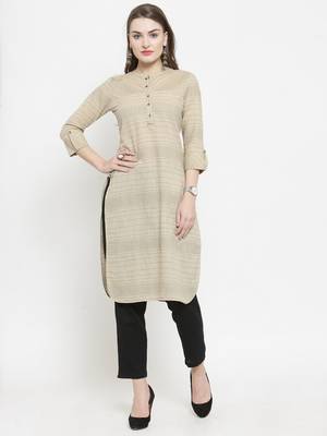 Indibelle Beige Cotton Kantha Stitch Pathani Kurta With Ankle Length Trouser 1