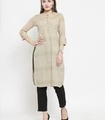 Indibelle Beige Cotton Kantha Stitch Pathani Kurta With Ankle Length Trouser