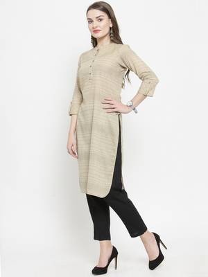 Indibelle Beige Cotton Kantha Stitch Pathani Kurta With Ankle Length Trouser 4