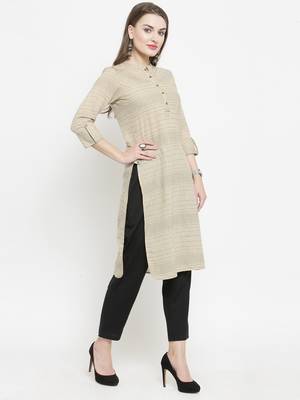 Indibelle Beige Cotton Kantha Stitch Pathani Kurta With Ankle Length Trouser 5