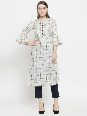Indibelle Off White Cotton Printed Straight Kurta With Ankle Length Trouser 1