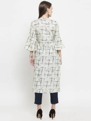 Indibelle Off White Cotton Printed Straight Kurta With Ankle Length Trouser 3