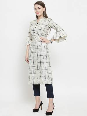 Indibelle Off White Cotton Printed Straight Kurta With Ankle Length Trouser 4