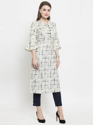Indibelle Off White Cotton Printed Straight Kurta With Ankle Length Trouser 5