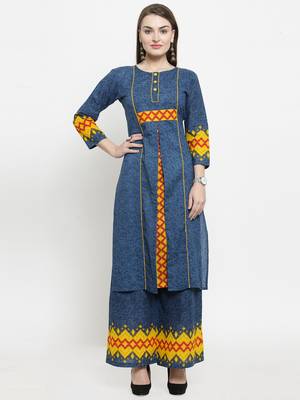 Indibelle Blue Cotton Printed Straight Kurta With Palazzos 1