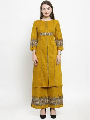 Indibelle Yellow Cotton Printed Straight Kurta With Palazzos 1