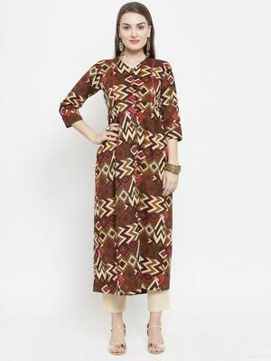 Indibelle Brown Colour Cotton Chevron print straight kurta With Ankle Length Trouser 1