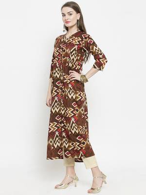 Indibelle Brown Colour Cotton Chevron print straight kurta With Ankle Length Trouser 4
