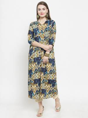 Indibelle Blue Colour Cotton Chevron print straight kurta With Ankle Length Trouser 1