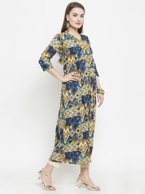 Indibelle Blue Colour Cotton Chevron print straight kurta With Ankle Length Trouser 5