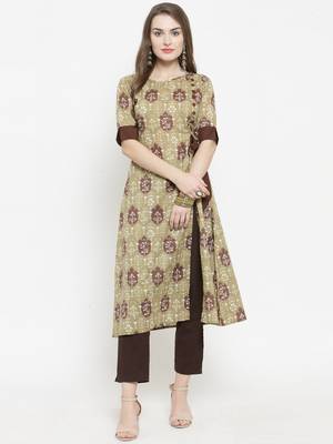 Indibelle Olive Cotton Ethinic Print Straight Kurta With Ankle Length Trouser 1