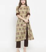 Indibelle Olive Cotton Ethinic Print Straight Kurta With Ankle Length Trouser