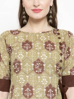 Indibelle Olive Cotton Ethinic Print Straight Kurta With Ankle Length Trouser 2