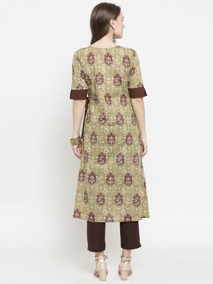 Indibelle Olive Cotton Ethinic Print Straight Kurta With Ankle Length Trouser 3