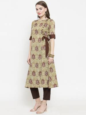Indibelle Olive Cotton Ethinic Print Straight Kurta With Ankle Length Trouser 4