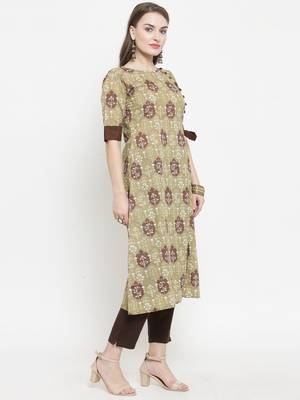 Indibelle Olive Cotton Ethinic Print Straight Kurta With Ankle Length Trouser 5