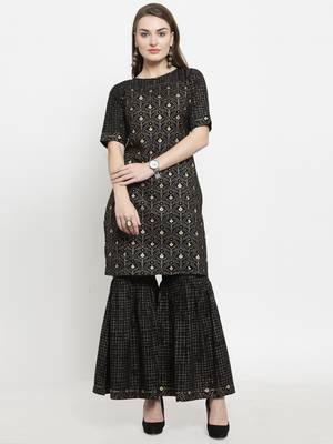 Indibelle Black Cotton Gold Print Straight Kurta  With Palazzos 1