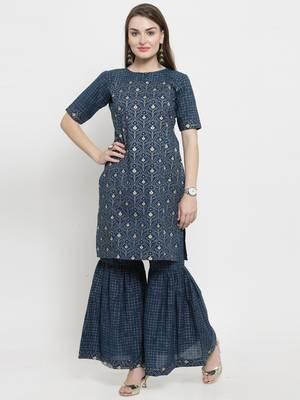 Indibelle Blue Cotton Gold Print Straight Kurta With Palazzos 1