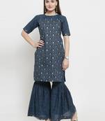 Indibelle Blue Cotton Gold Print Straight Kurta With Palazzos