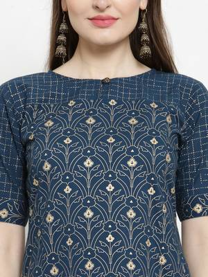 Indibelle Blue Cotton Gold Print Straight Kurta With Palazzos 2