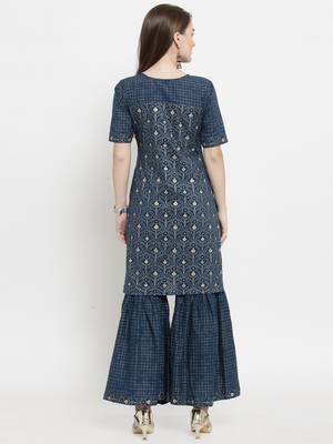 Indibelle Blue Cotton Gold Print Straight Kurta With Palazzos 3