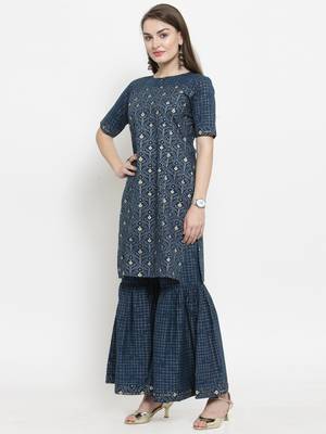 Indibelle Blue Cotton Gold Print Straight Kurta With Palazzos 4