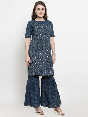 Indibelle Blue Cotton Gold Print Straight Kurta With Palazzos 5